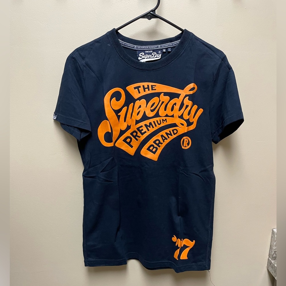 Superdry Men's Navy Blue T-Shirt with Orange Logo